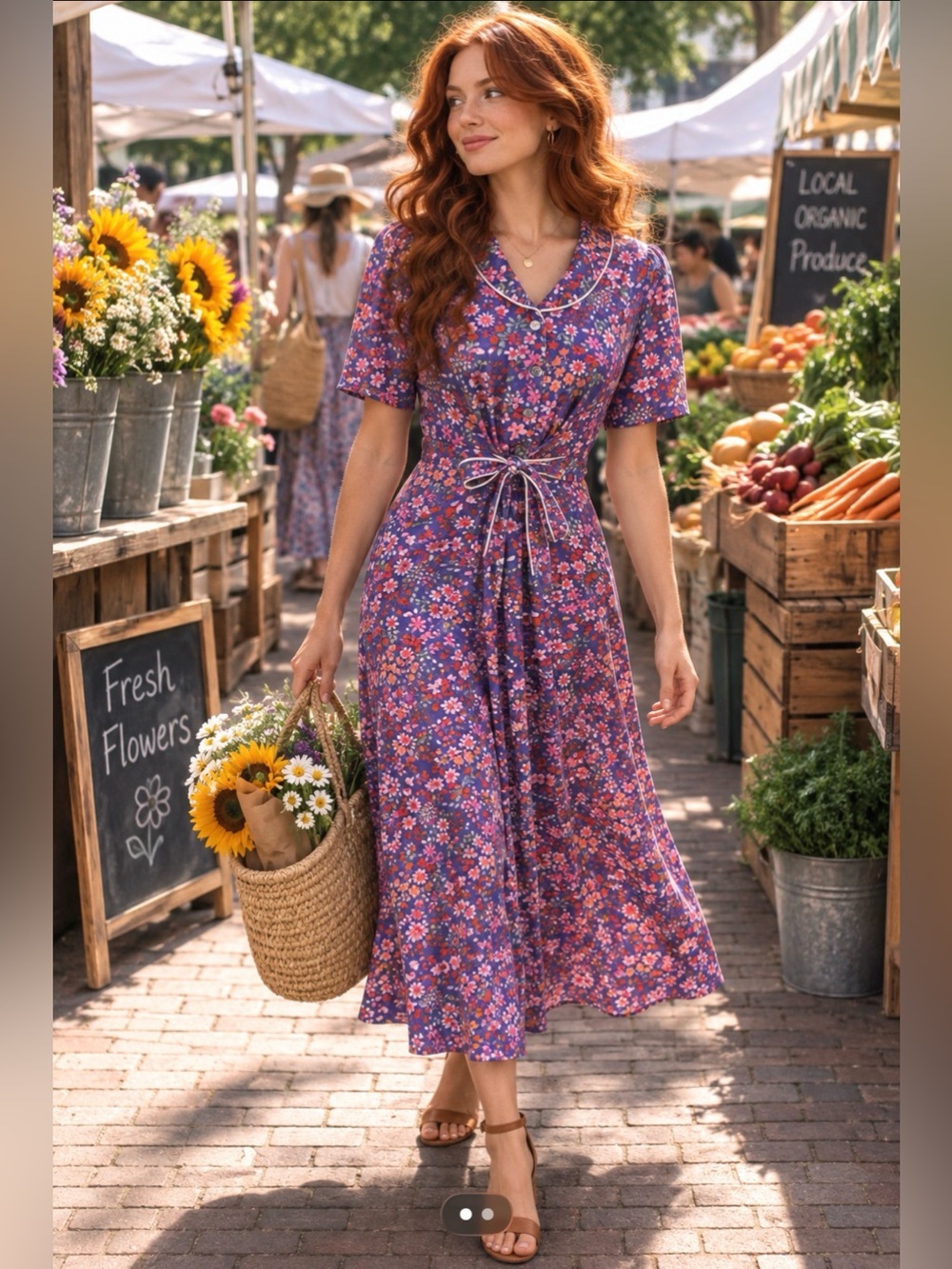 Vintage 1990s Erika Floral Rayon Midi Dress | Belted Cottagecore Shirt Dress